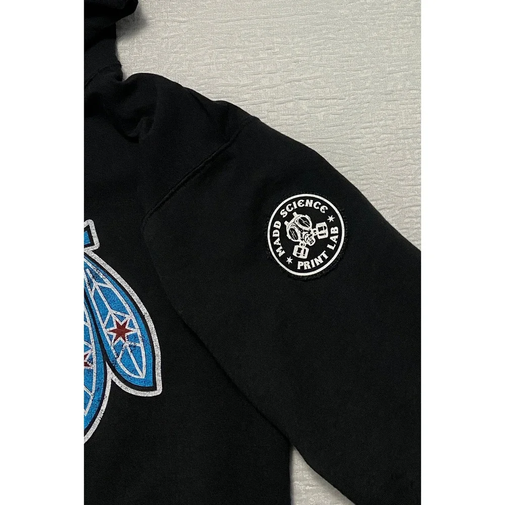 Madd Science Print Lab Graphic Hoodie Black Gas Mask Feather Logo Jerzees Mens M - Picture 3 of 9